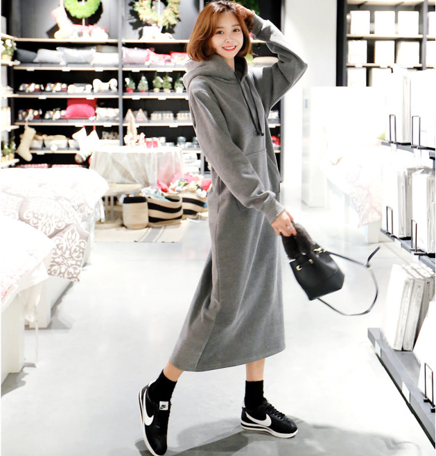 素面連帽口袋洋裝