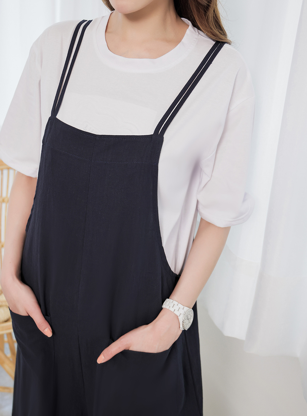 假日休閒口袋控吊帶寬褲