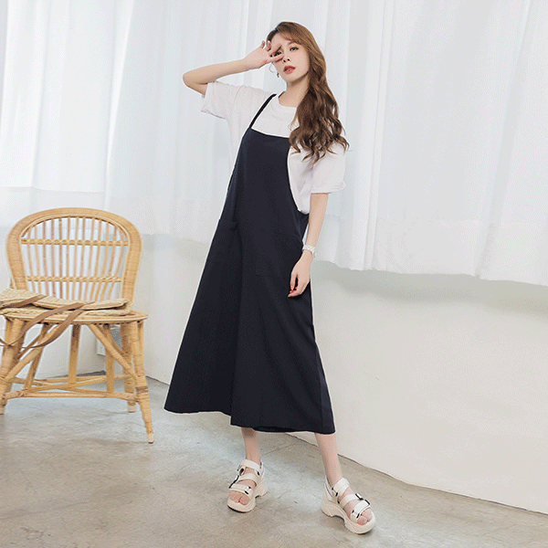 假日休閒口袋控吊帶寬褲