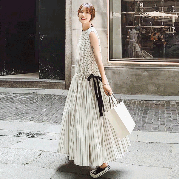 甜美名媛公主條紋設計洋裝