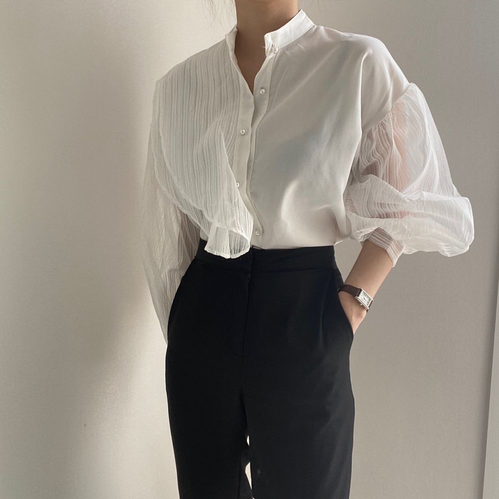 仙氣女神設計感透膚襯衫,修身,百搭,純色,上衣,中大尺碼