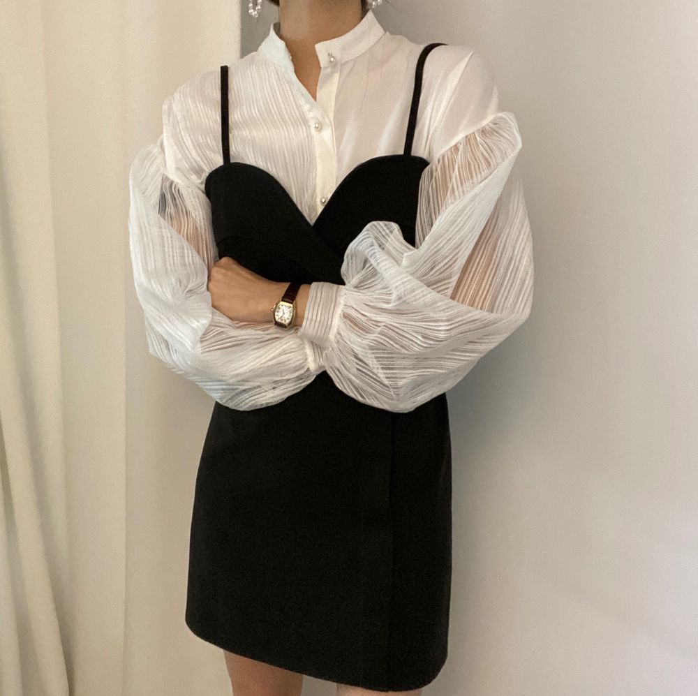 仙氣女神設計感透膚襯衫,修身,百搭,純色,上衣,中大尺碼