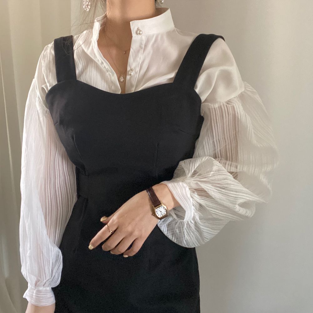 仙氣女神設計感透膚襯衫,修身,百搭,純色,上衣,中大尺碼