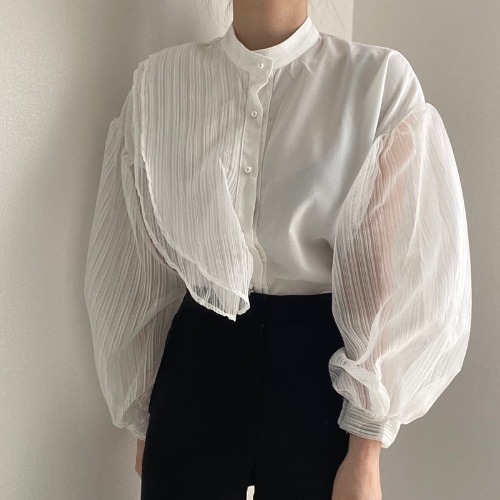 仙氣女神設計感透膚襯衫,修身,百搭,純色,上衣,中大尺碼