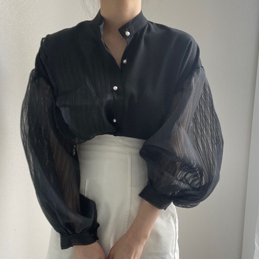 仙氣女神設計感透膚襯衫,修身,百搭,純色,上衣,中大尺碼