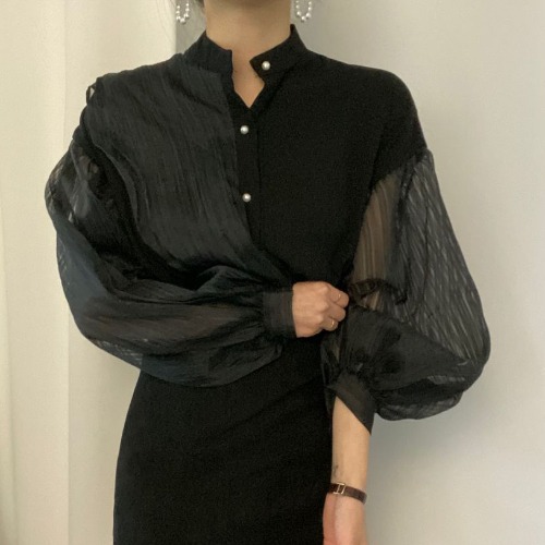 仙氣女神設計感透膚襯衫,修身,百搭,純色,上衣,中大尺碼