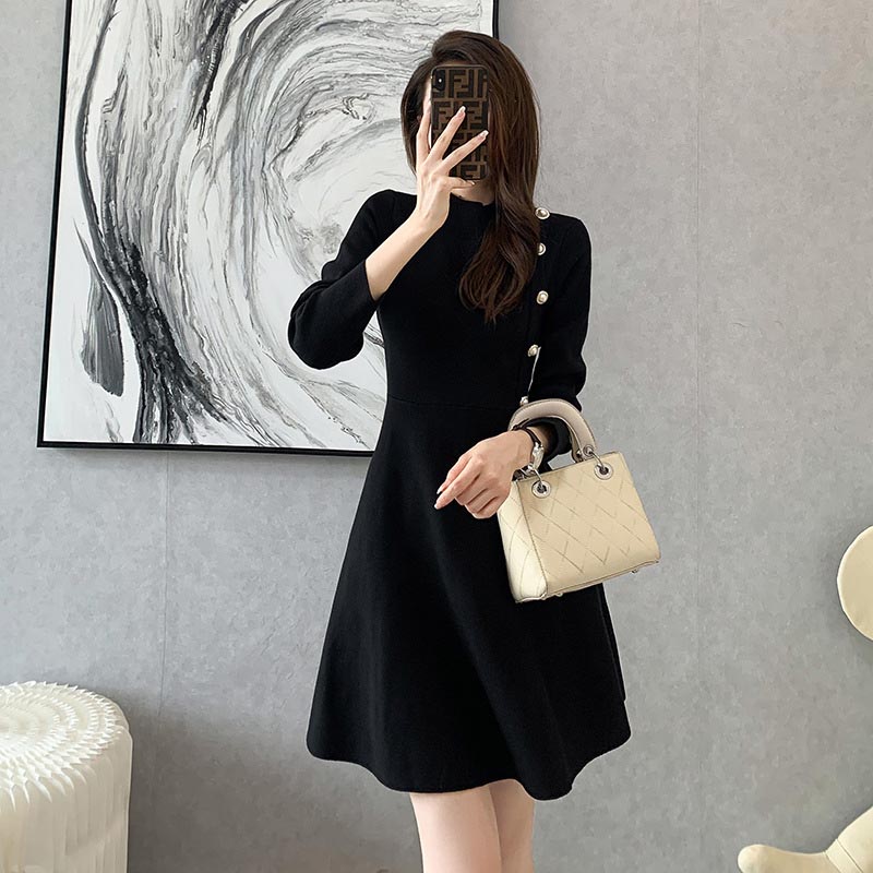 低調魅力純色長袖洋裝,A字裙,針織,裙子,洋裝,一件式