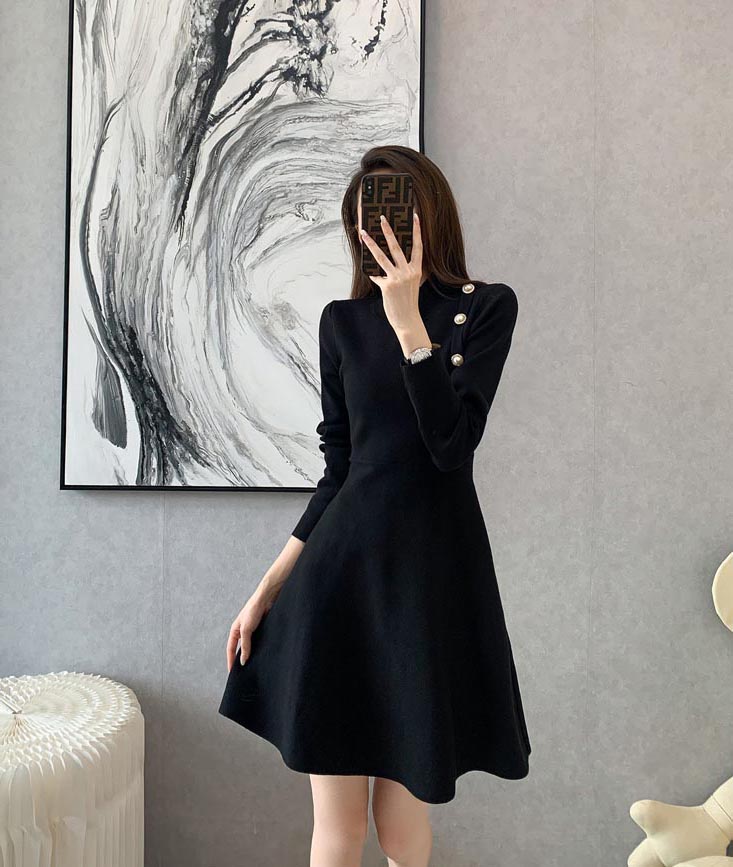 低調魅力純色長袖洋裝,A字裙,針織,裙子,洋裝,一件式