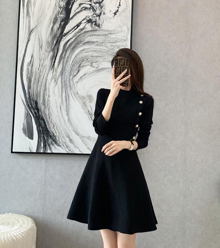 低調魅力純色長袖洋裝,A字裙,針織,裙子,洋裝,一件式