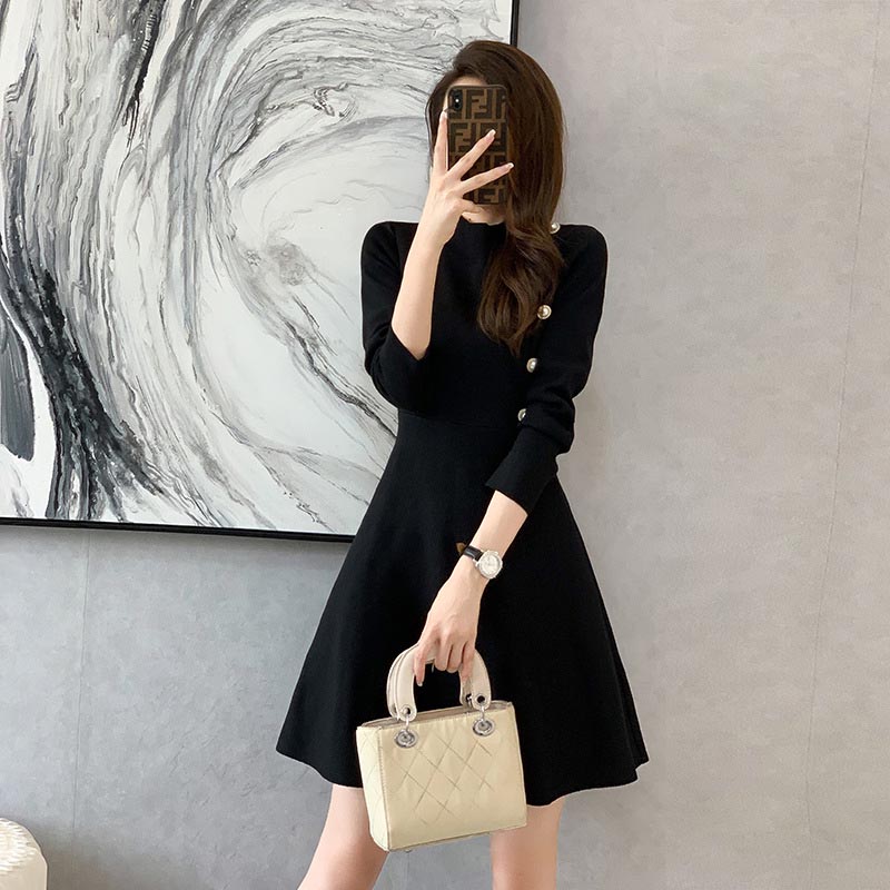 低調魅力純色長袖洋裝,A字裙,針織,裙子,洋裝,一件式