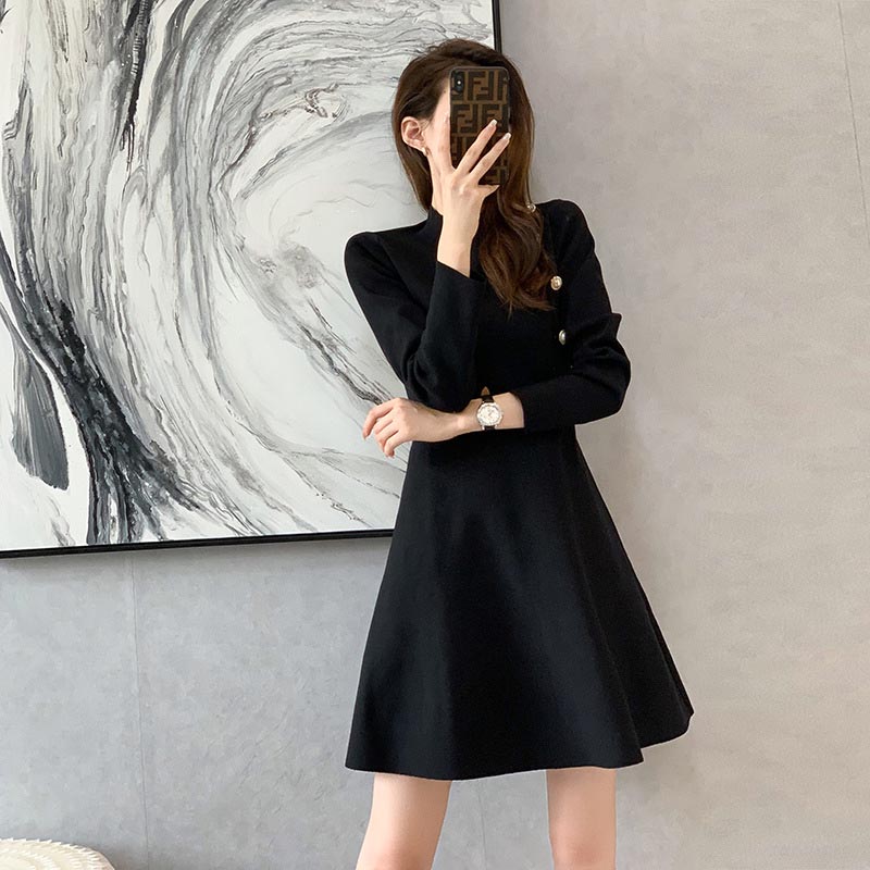 低調魅力純色長袖洋裝,A字裙,針織,裙子,洋裝,一件式