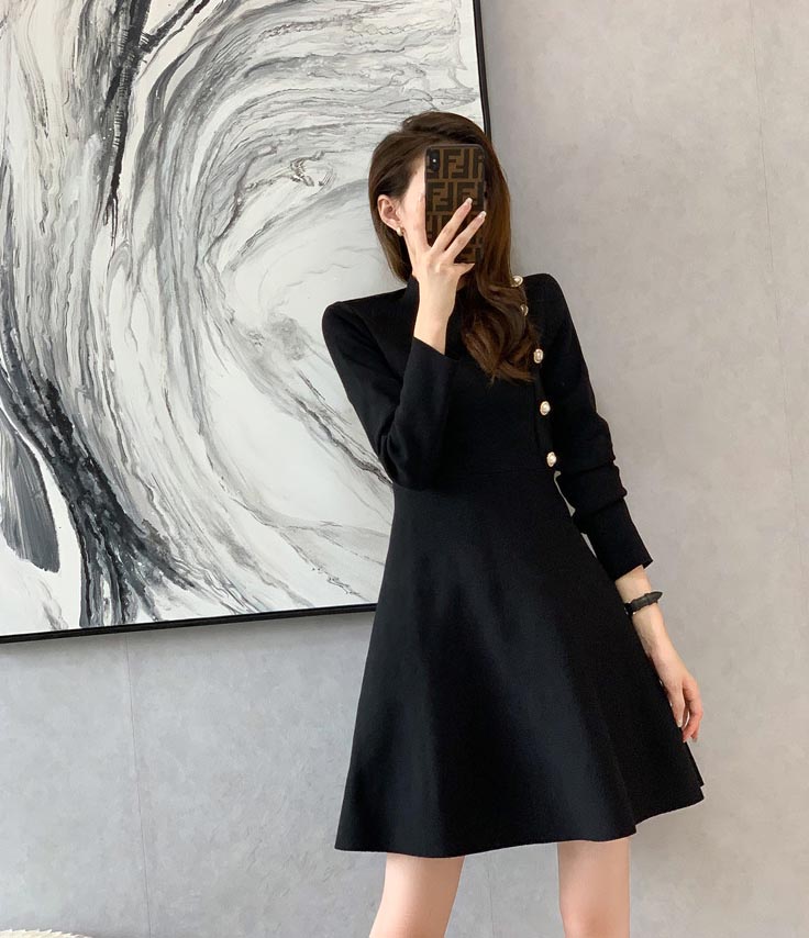 低調魅力純色長袖洋裝,A字裙,針織,裙子,洋裝,一件式