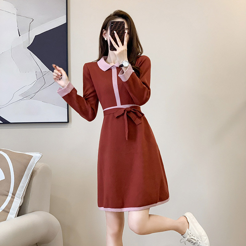 清甜魅力針織綁帶洋裝,A字裙,連衣裙,立領,中大尺瑪,綁帶