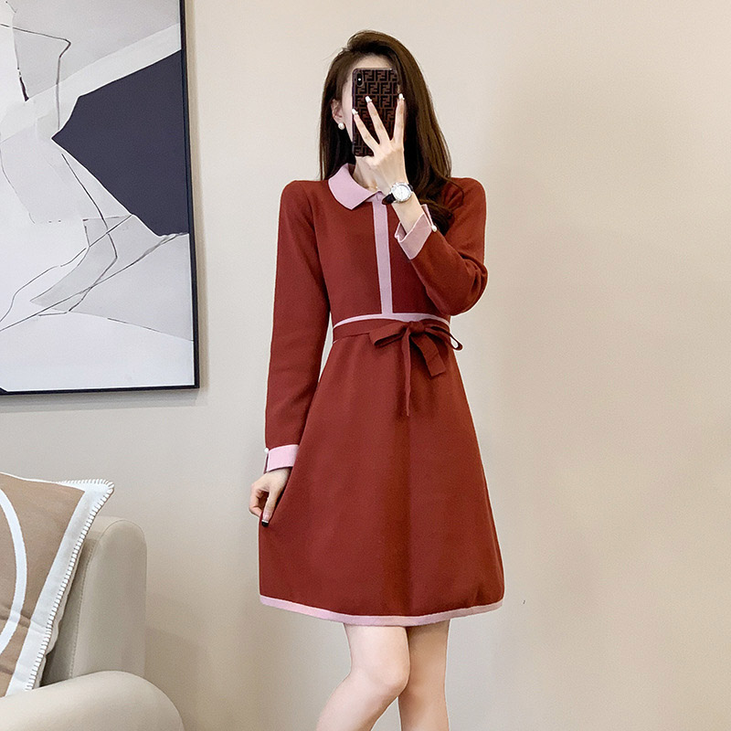 清甜魅力針織綁帶洋裝,A字裙,連衣裙,立領,中大尺瑪,綁帶