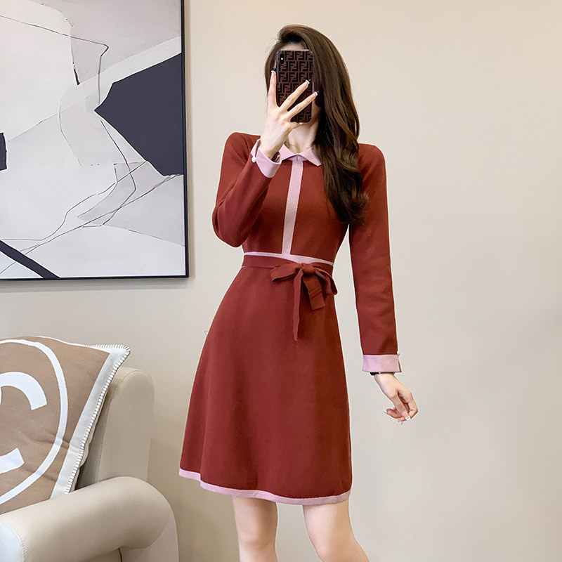 清甜魅力針織綁帶洋裝,A字裙,連衣裙,立領,中大尺瑪,綁帶