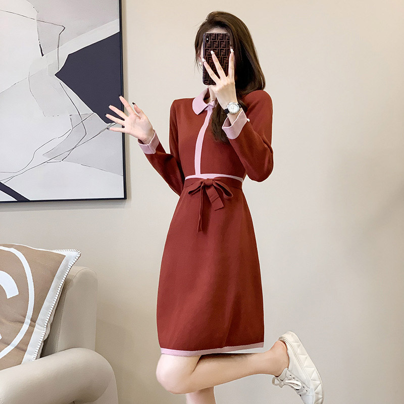 清甜魅力針織綁帶洋裝,A字裙,連衣裙,立領,中大尺瑪,綁帶
