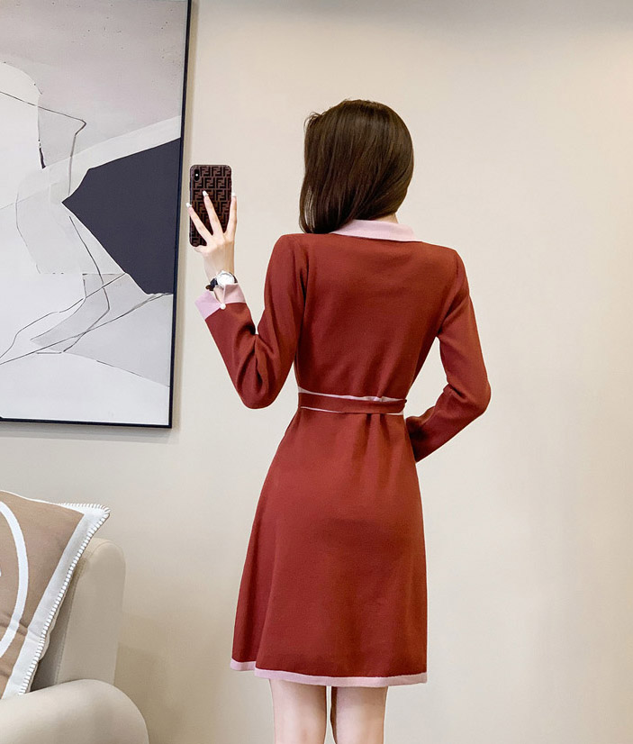 清甜魅力針織綁帶洋裝,A字裙,連衣裙,立領,中大尺瑪,綁帶