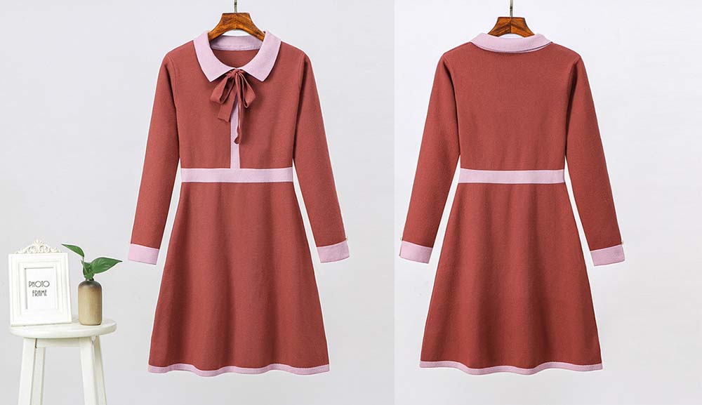 清甜魅力針織綁帶洋裝,A字裙,連衣裙,立領,中大尺瑪,綁帶