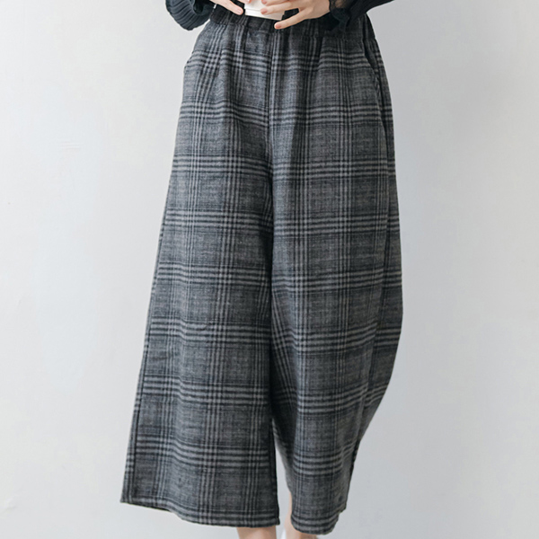 經典格紋毛料鬆緊腰寬褲