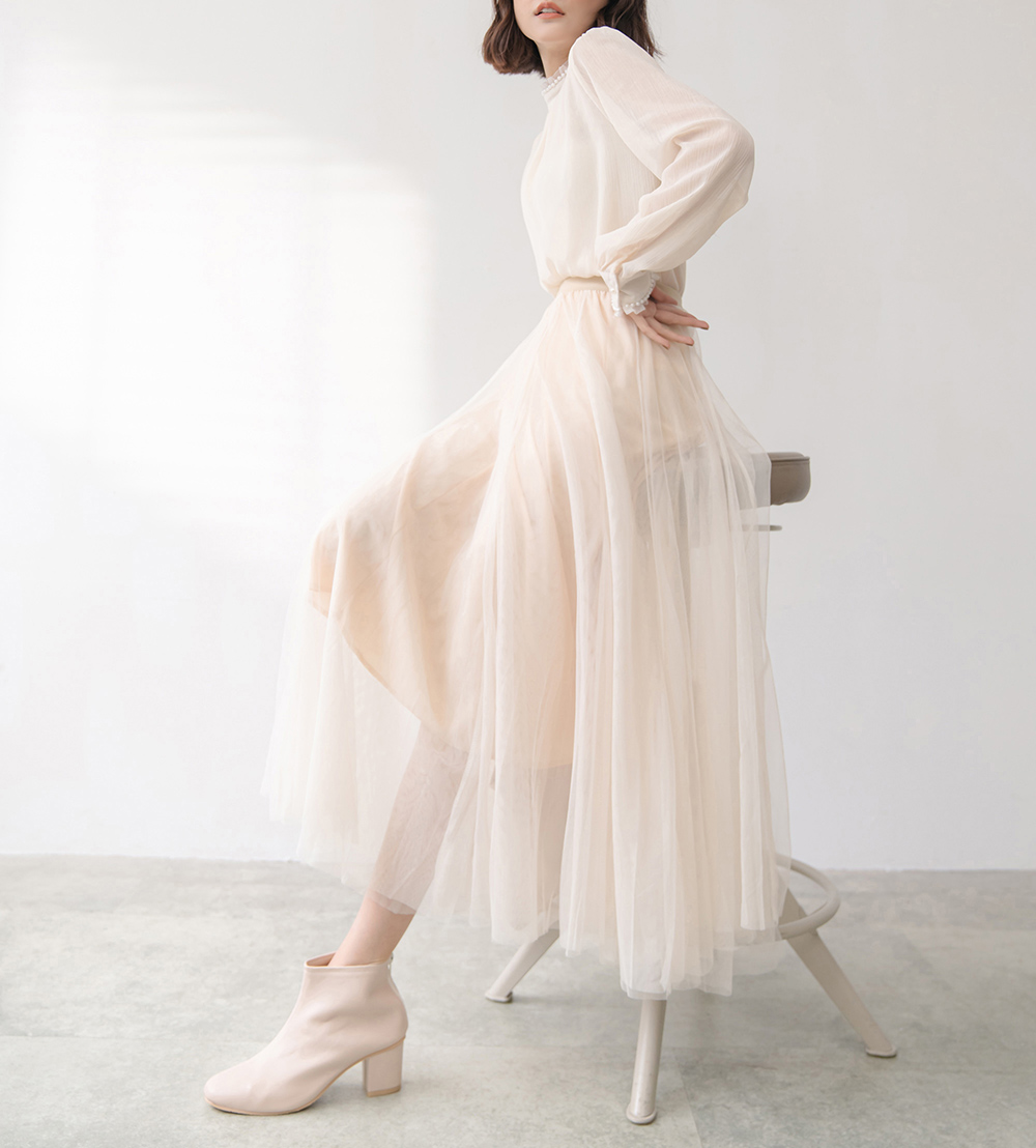 仙女氣質純色鬆緊腰紗裙,裙子,網紗,鬆緊腰,純色,素色