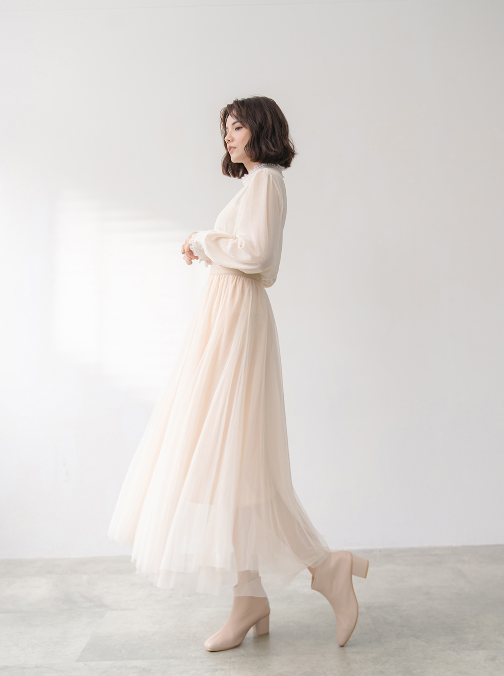 仙女氣質純色鬆緊腰紗裙,裙子,網紗,鬆緊腰,純色,素色