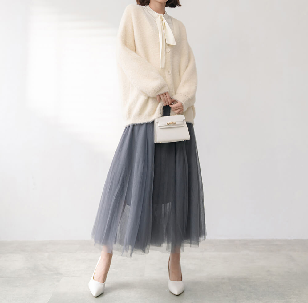 仙女氣質純色鬆緊腰紗裙,裙子,網紗,鬆緊腰,純色,素色