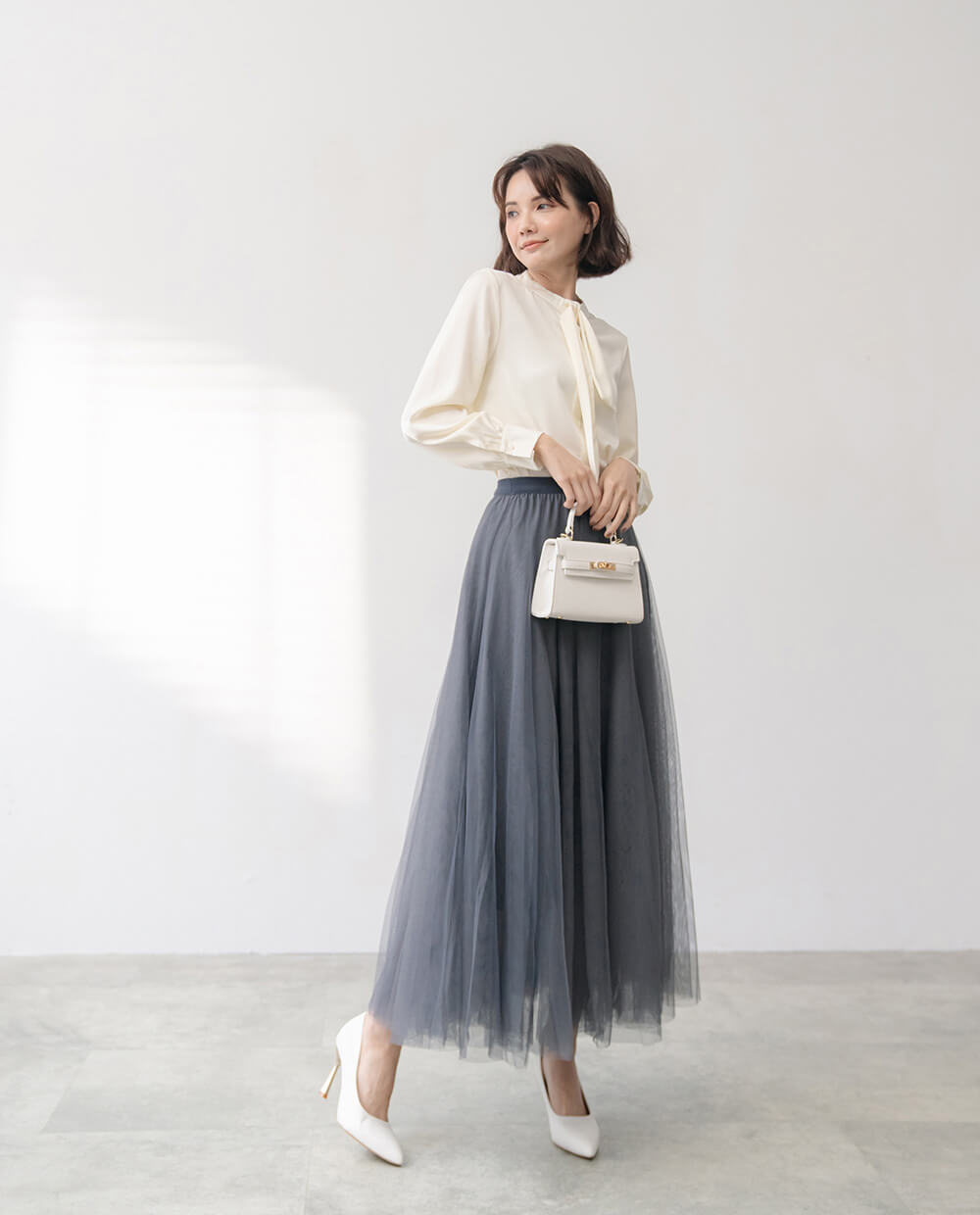 仙女氣質純色鬆緊腰紗裙,裙子,網紗,鬆緊腰,純色,素色