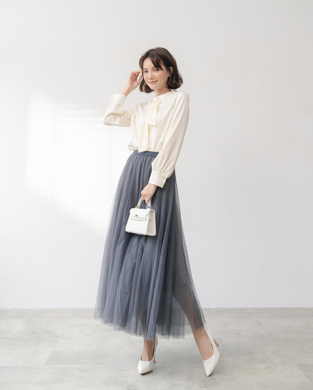 仙女氣質純色鬆緊腰紗裙,裙子,網紗,鬆緊腰,純色,素色