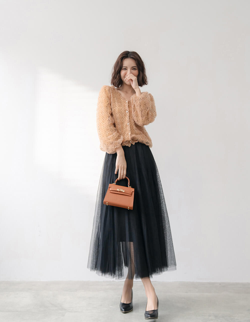 仙女氣質純色鬆緊腰紗裙,裙子,網紗,鬆緊腰,純色,素色