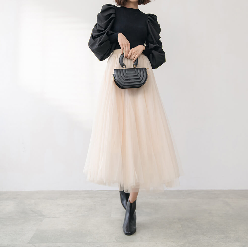 仙女氣質純色鬆緊腰紗裙,裙子,網紗,鬆緊腰,純色,素色