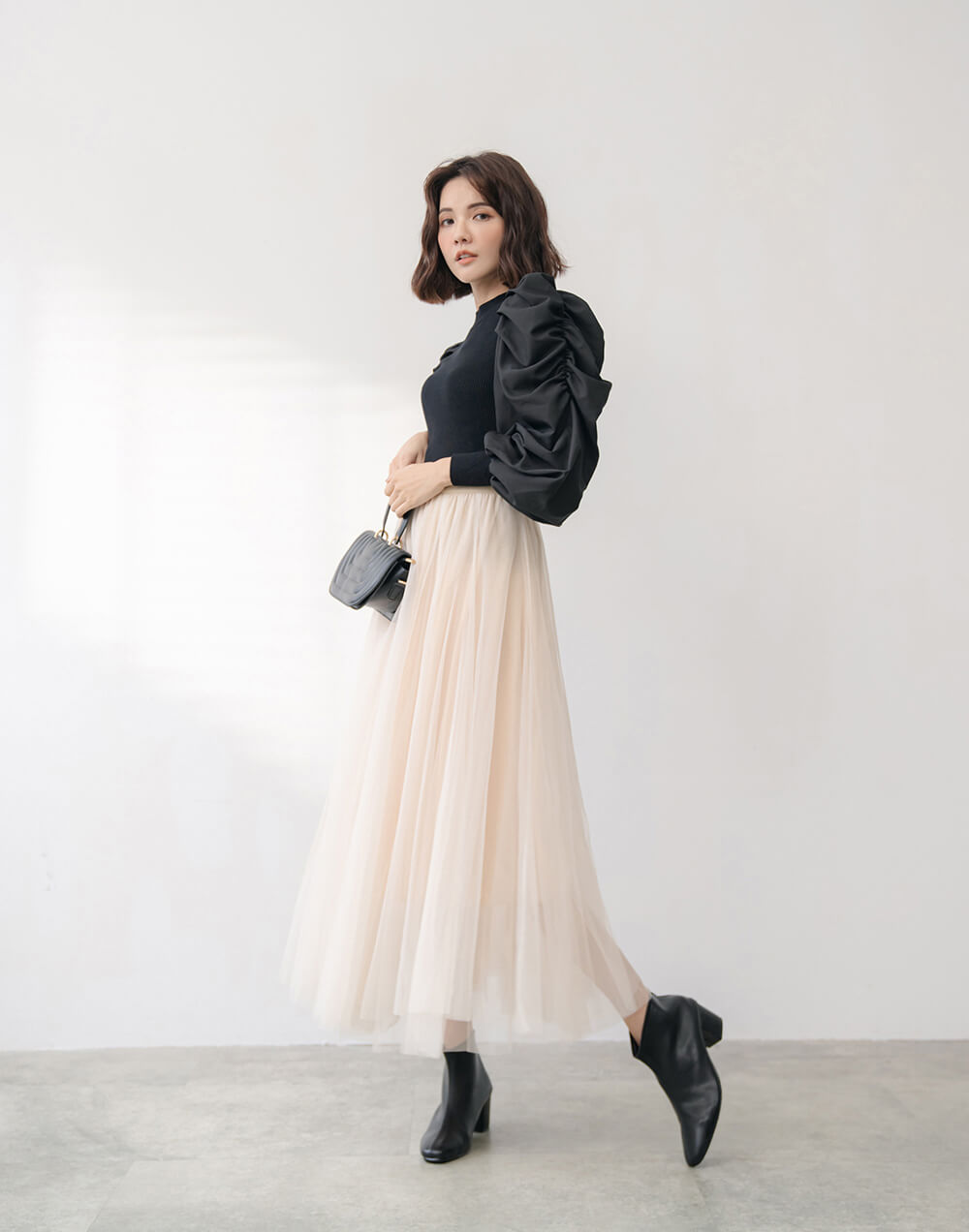 仙女氣質純色鬆緊腰紗裙,裙子,網紗,鬆緊腰,純色,素色