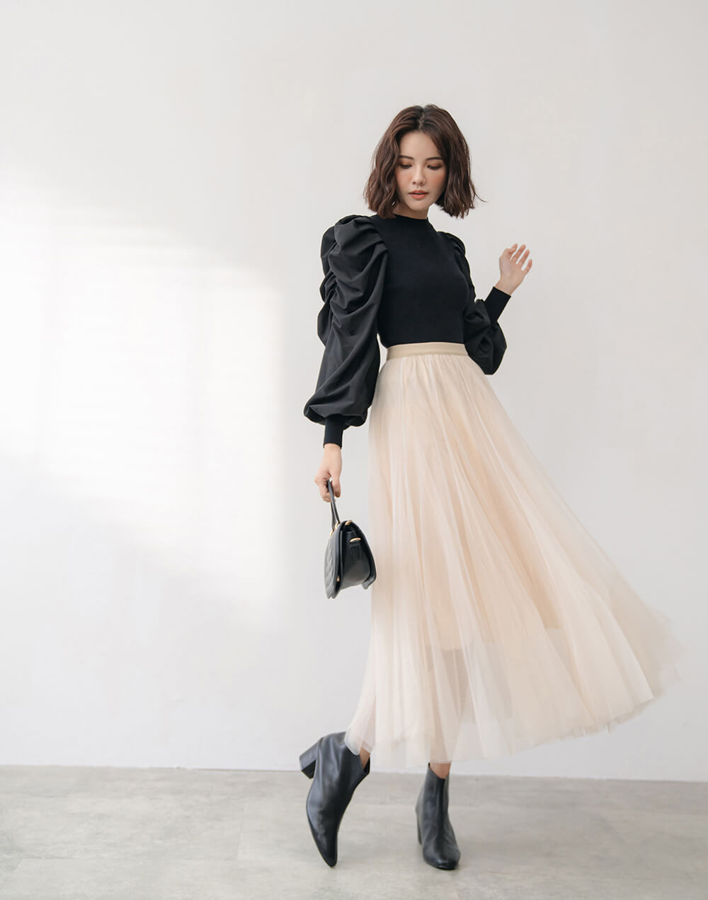 仙女氣質純色鬆緊腰紗裙,裙子,網紗,鬆緊腰,純色,素色