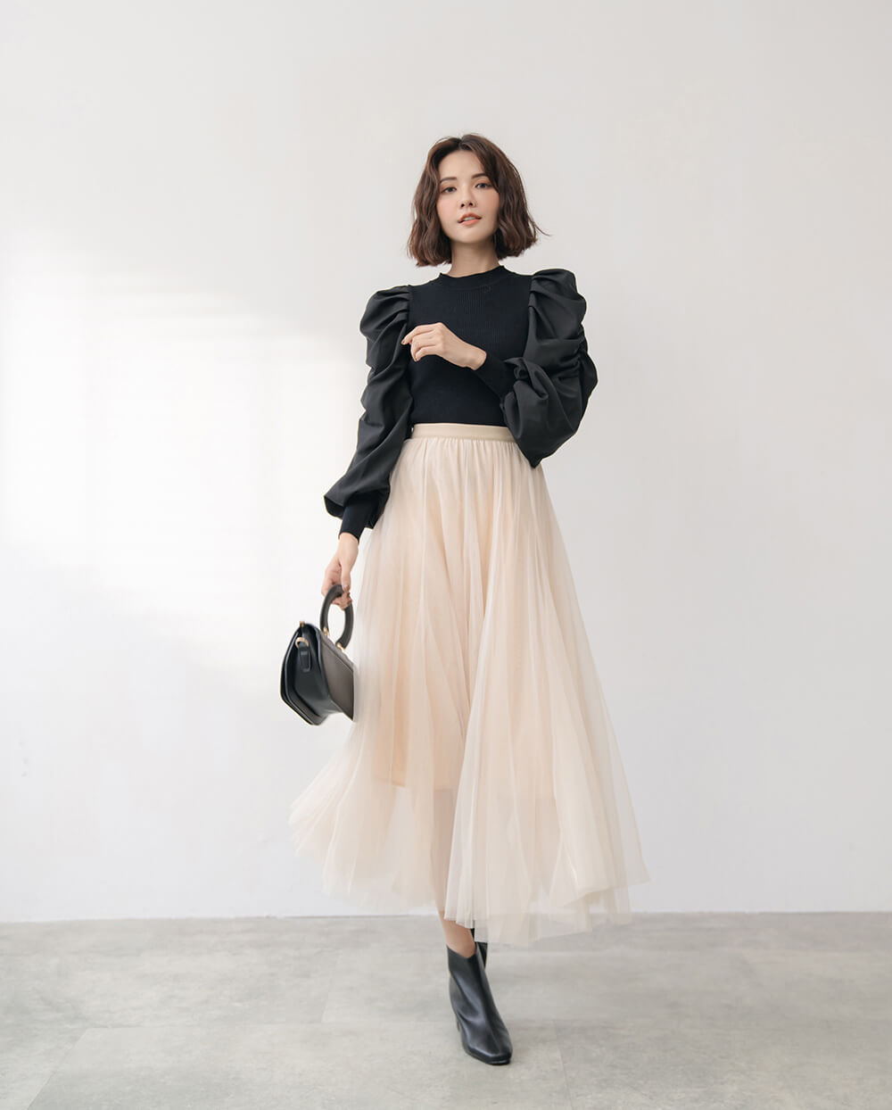 仙女氣質純色鬆緊腰紗裙,裙子,網紗,鬆緊腰,純色,素色