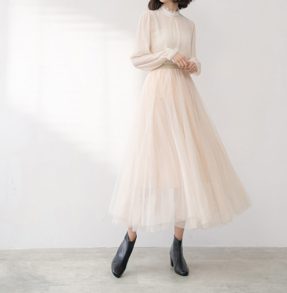 仙女氣質純色鬆緊腰紗裙,裙子,網紗,鬆緊腰,純色,素色