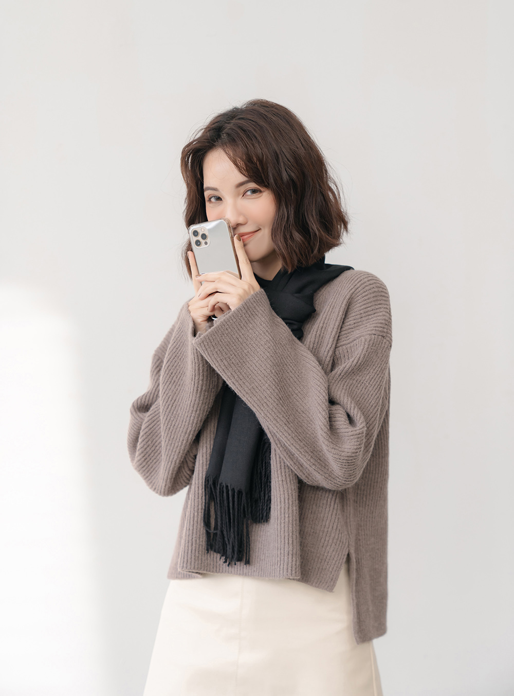 簡約素色前短後長長袖毛衣