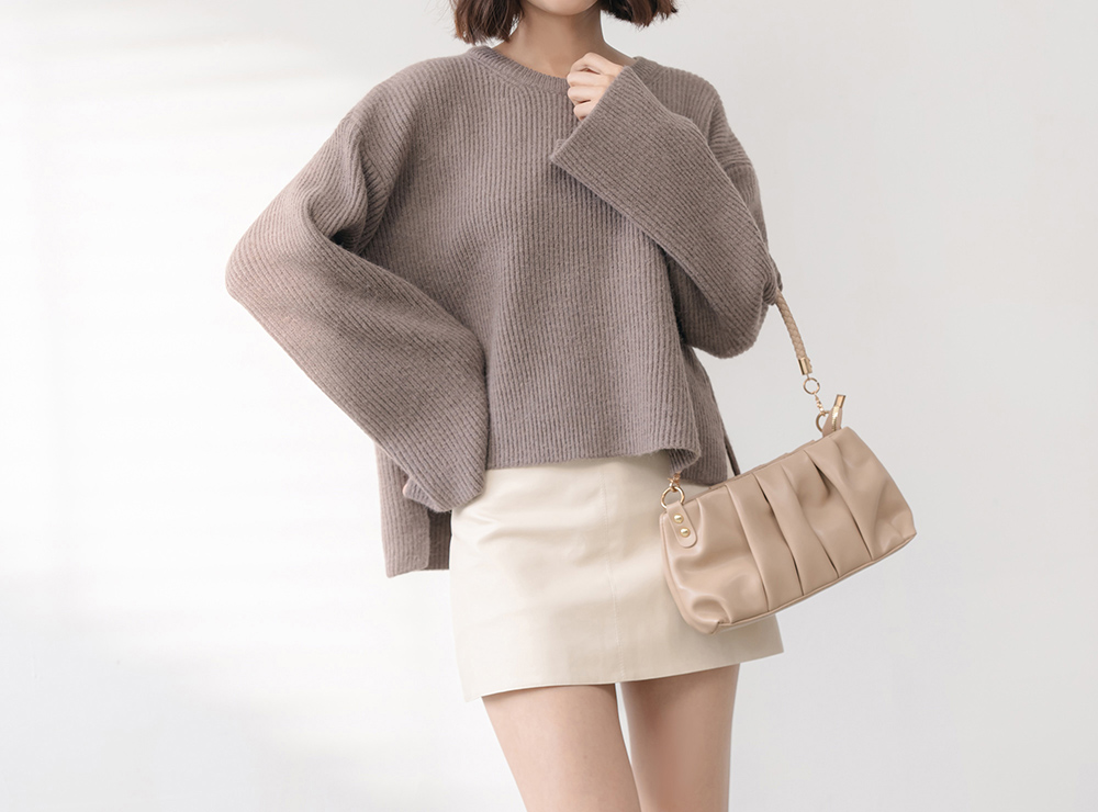 簡約素色前短後長長袖毛衣