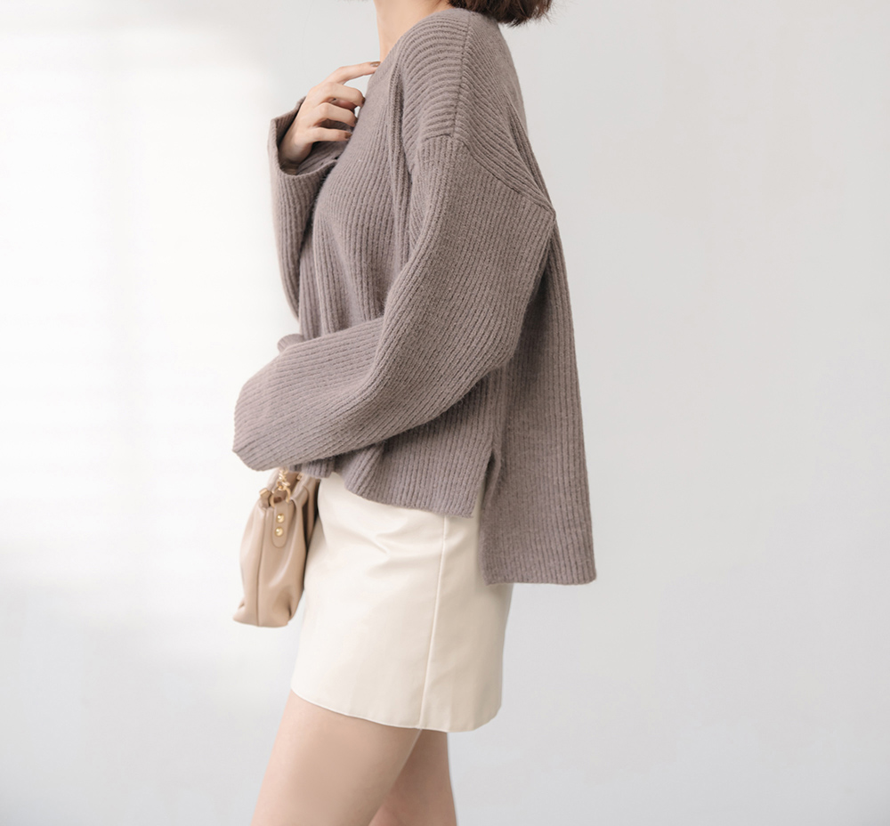 簡約素色前短後長長袖毛衣