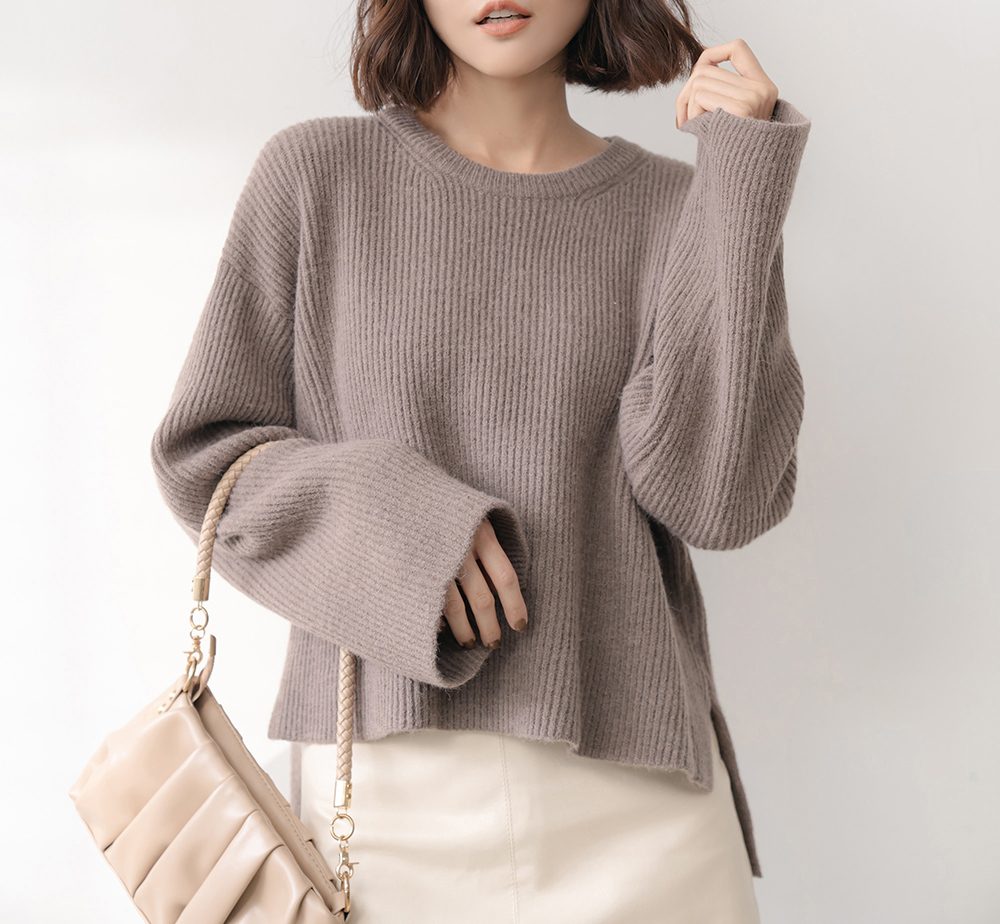 簡約素色前短後長長袖毛衣
