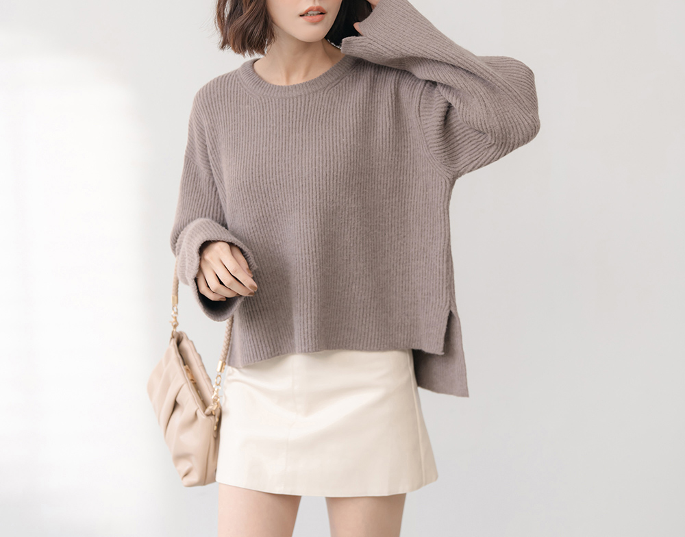 簡約素色前短後長長袖毛衣