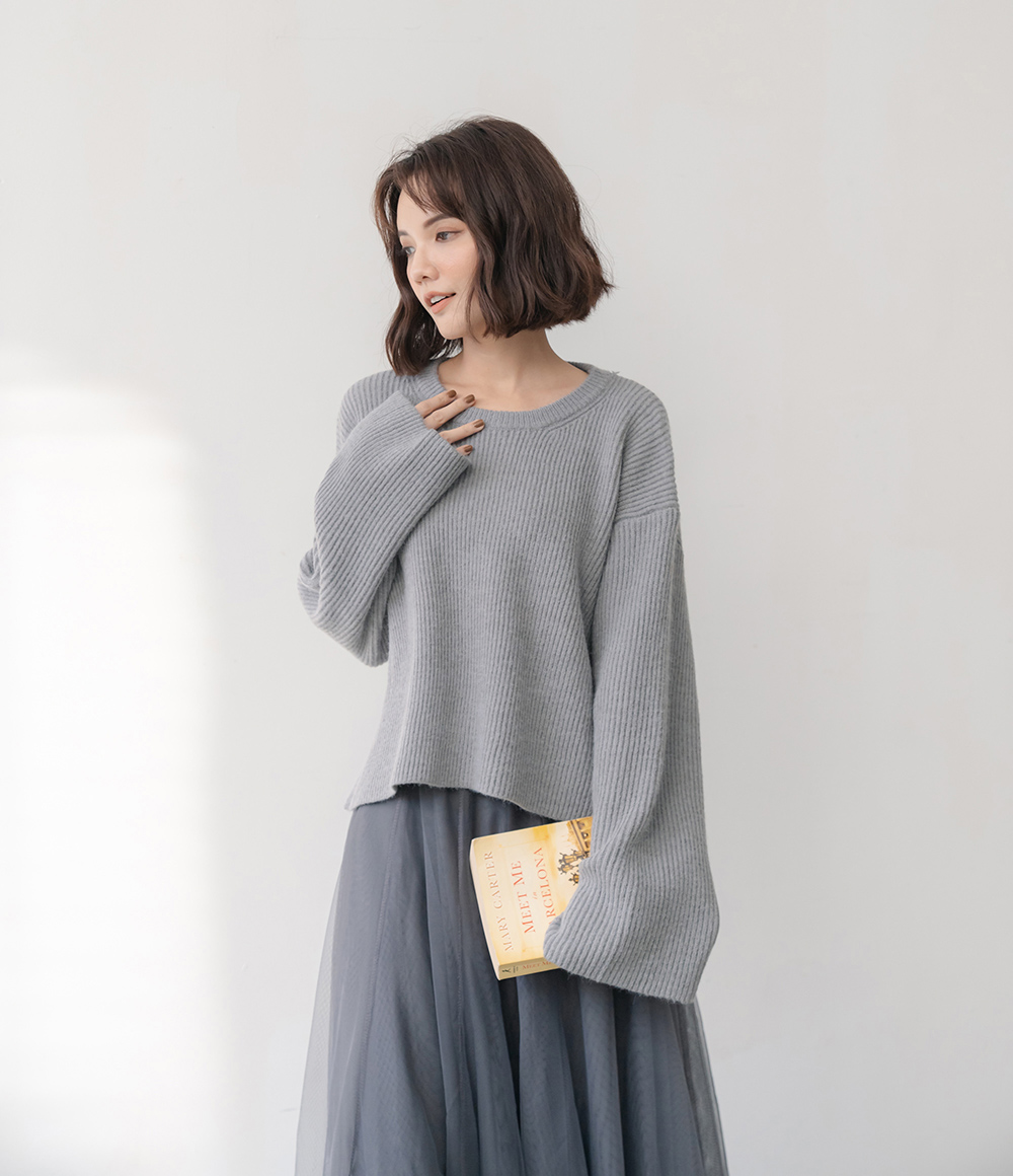 簡約素色前短後長長袖毛衣