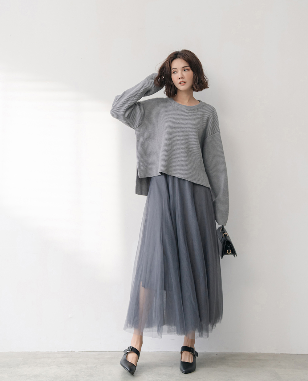 簡約素色前短後長長袖毛衣