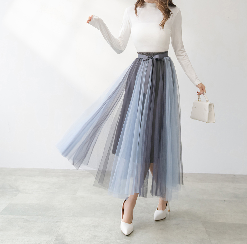 飄逸蝴蝶結鬆緊腰雙色紗裙,穿搭,婚禮,拼色,蝴蝶結,裙子