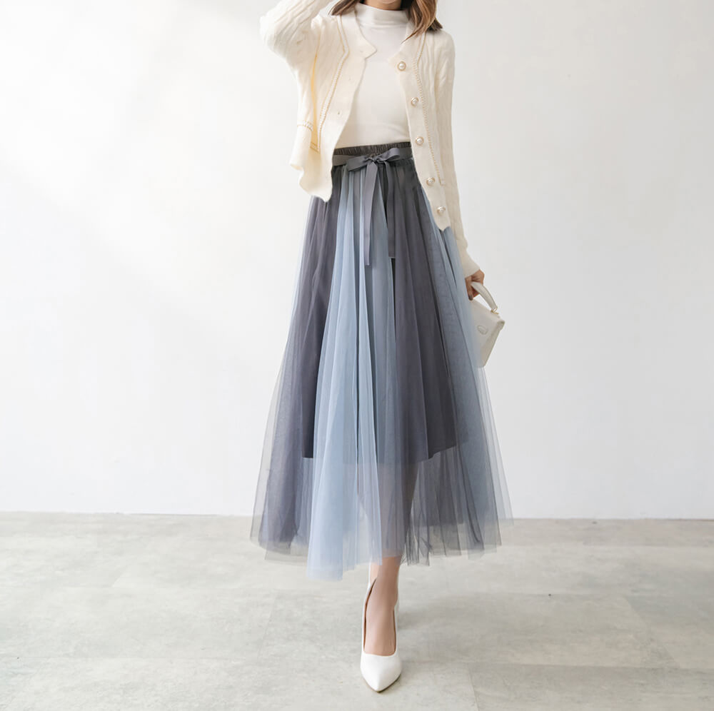 飄逸蝴蝶結鬆緊腰雙色紗裙,穿搭,婚禮,拼色,蝴蝶結,裙子