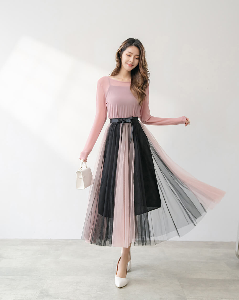 飄逸蝴蝶結鬆緊腰雙色紗裙,穿搭,婚禮,拼色,蝴蝶結,裙子