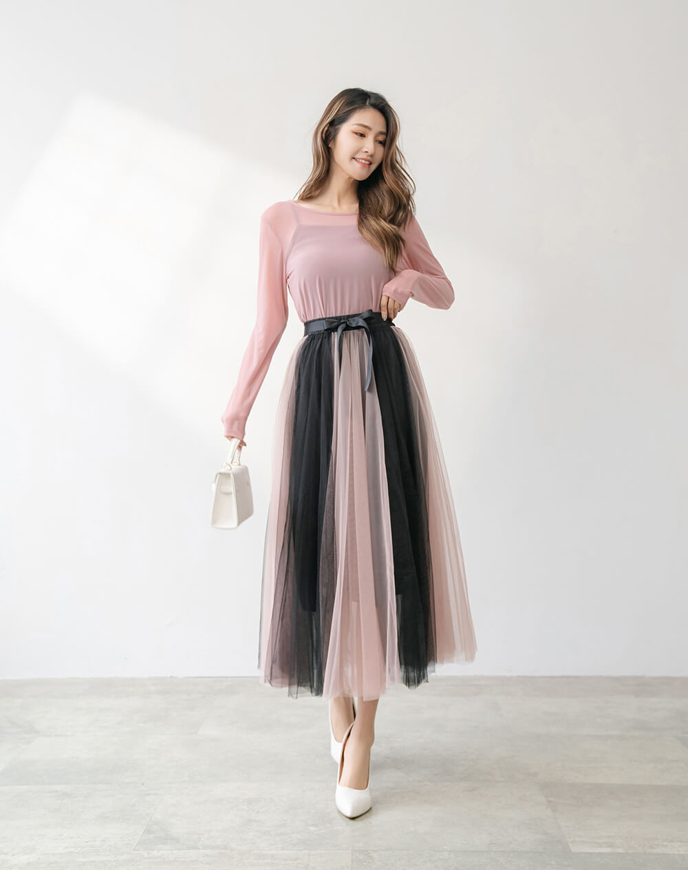 飄逸蝴蝶結鬆緊腰雙色紗裙,穿搭,婚禮,拼色,蝴蝶結,裙子