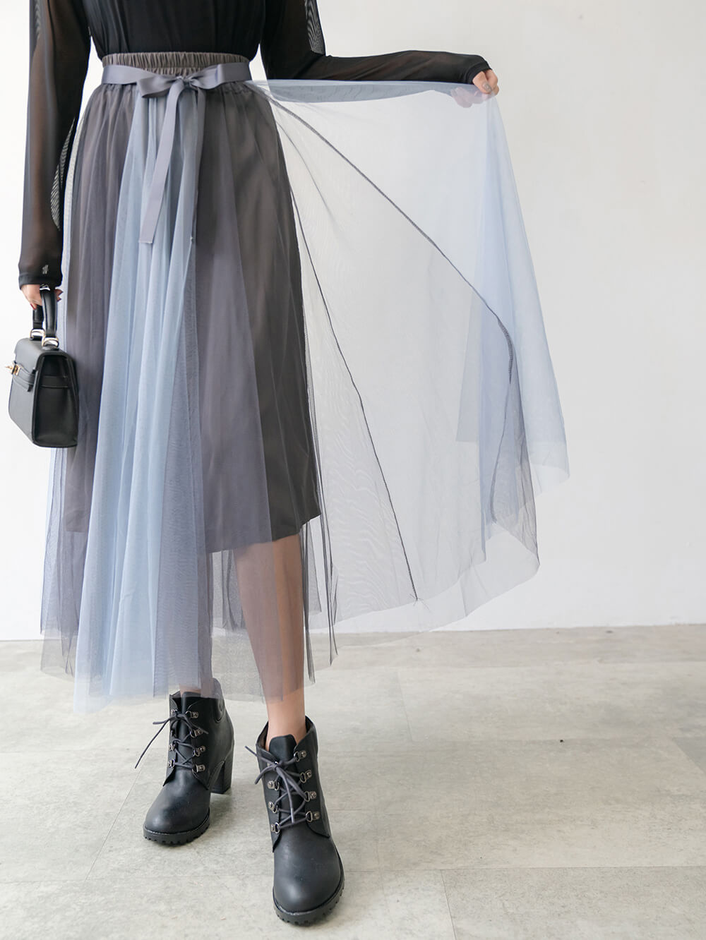 飄逸蝴蝶結鬆緊腰雙色紗裙,穿搭,婚禮,拼色,蝴蝶結,裙子