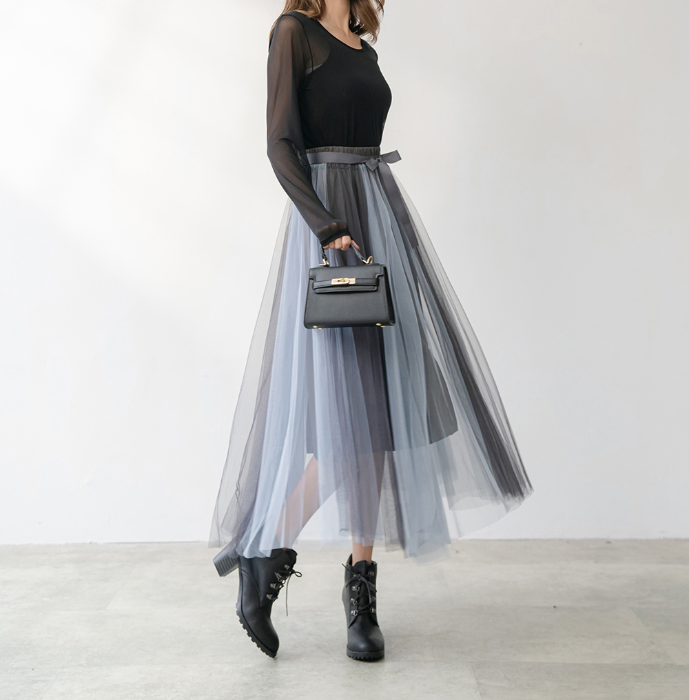 飄逸蝴蝶結鬆緊腰雙色紗裙,穿搭,婚禮,拼色,蝴蝶結,裙子