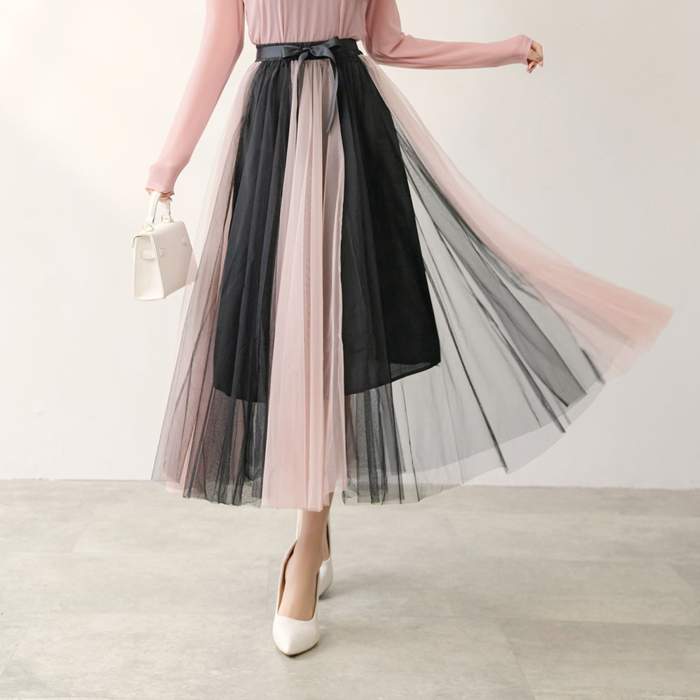 飄逸蝴蝶結鬆緊腰雙色紗裙