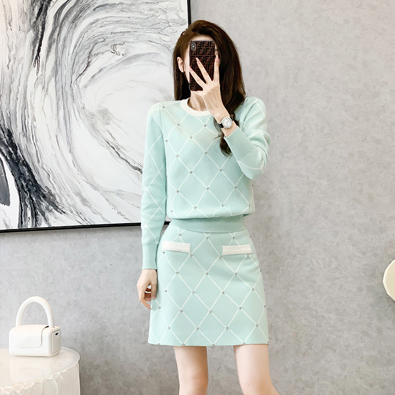 優雅緹花長袖圓領短裙套裝,裙子,短裙,下身,毛衣,A字裙