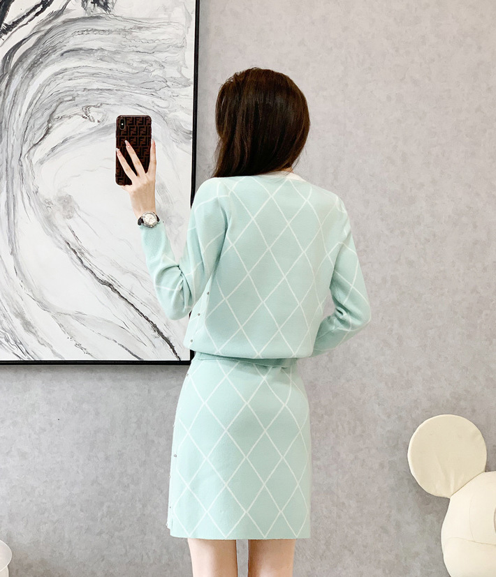 優雅緹花長袖圓領短裙套裝,裙子,短裙,下身,毛衣,A字裙